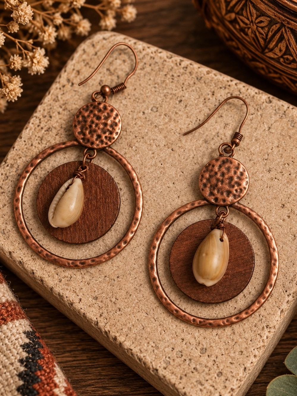 Handcrafted Copper Hoop Earrings with Cream Shell and Wood Accent New Boho